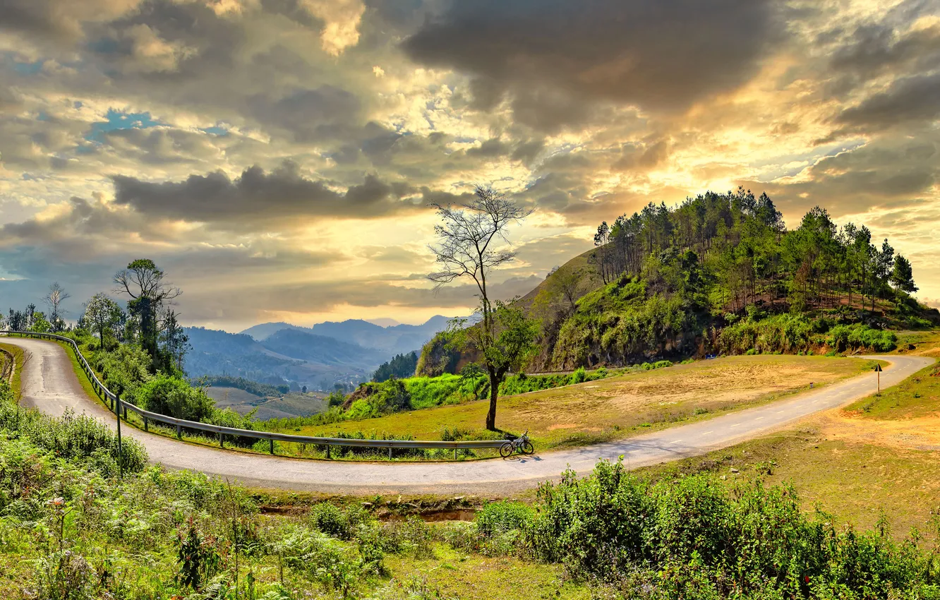 Фото обои дорога, облака, деревья, горы