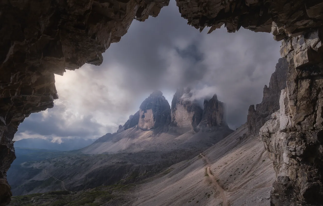 Фото обои горы, камни, скалы, вид, пещера, свод, Доломиты