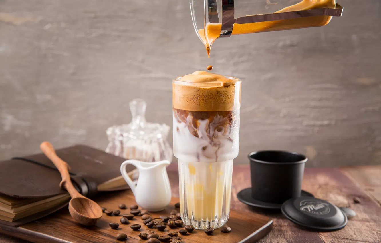 Фото обои стакан, кофе, зерна, латте