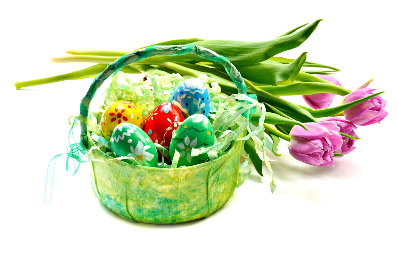 Фото обои цветы, яйца, Пасха, тюльпаны, розовые, корзинка