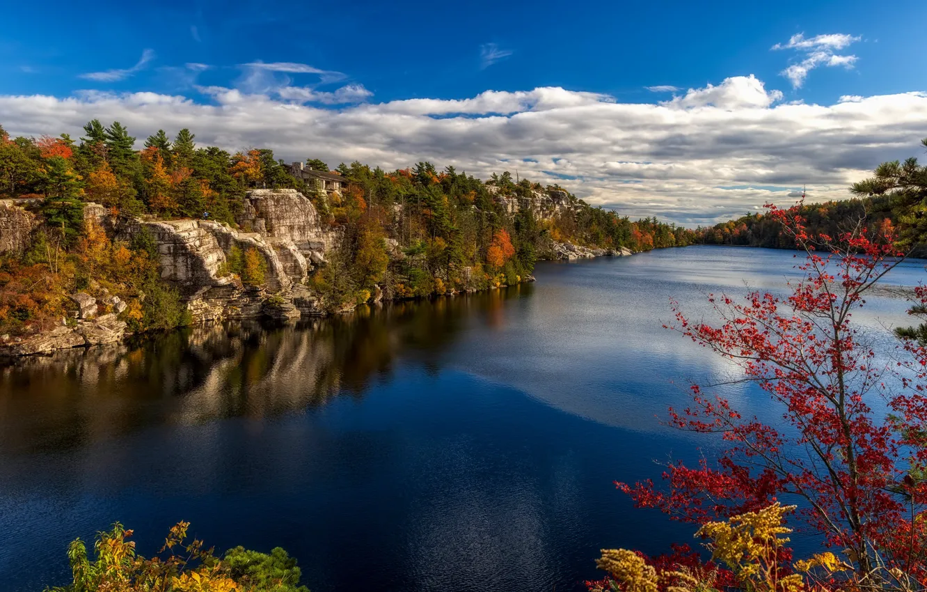 Фото обои осень, деревья, озеро, скалы, New York, Штат Нью-Йорк, Парк-заповедник Минневаска, Minnewaska State Park Preserve