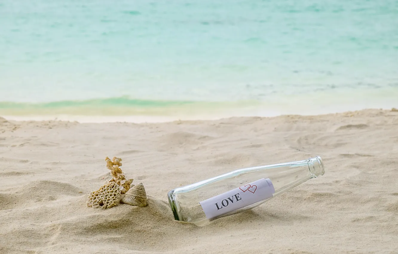 Фото обои песок, море, пляж, лето, письмо, бутылка, summer, love
