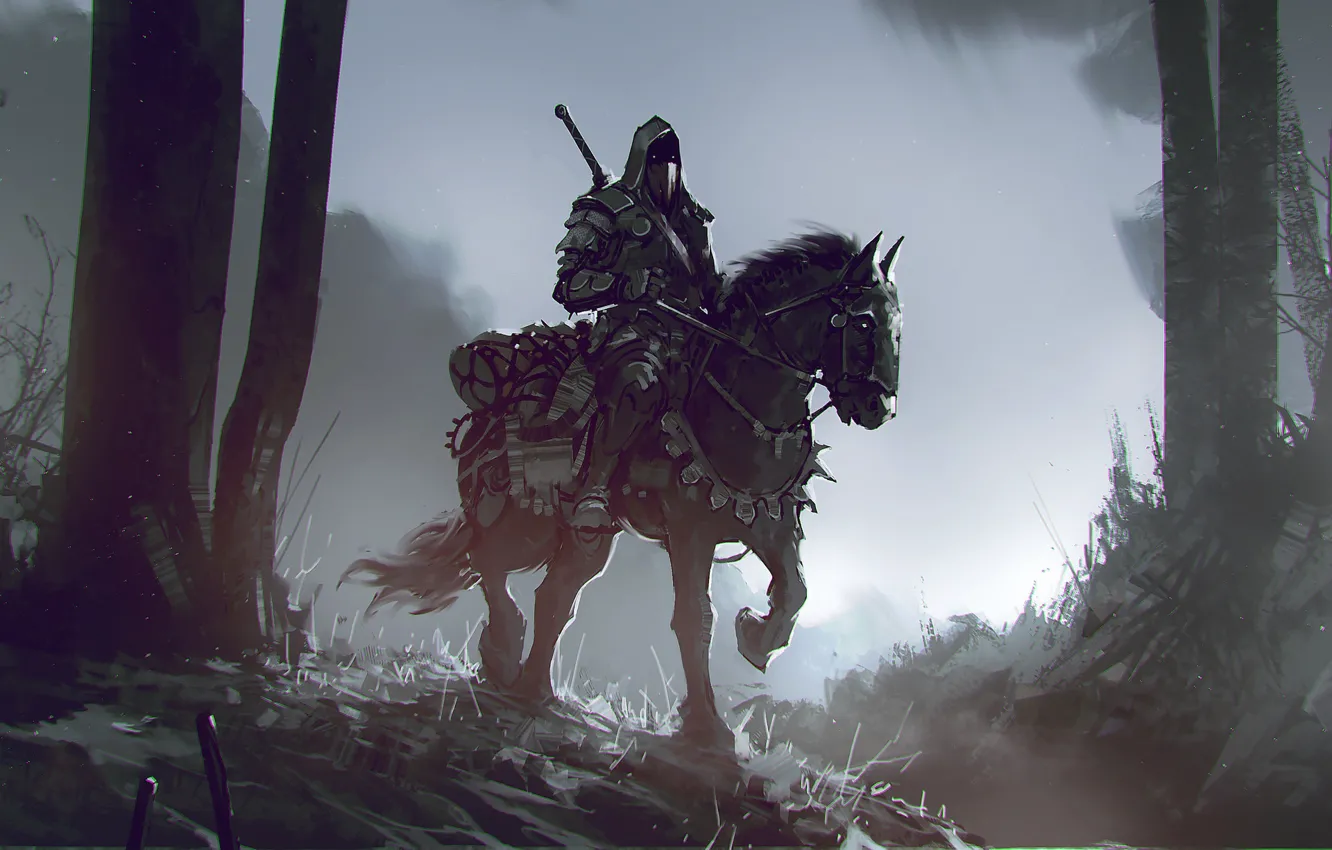 Фото обои Лошадь, Рисунок, Лес, Конь, Воин, Dragon, Art, Фантастика