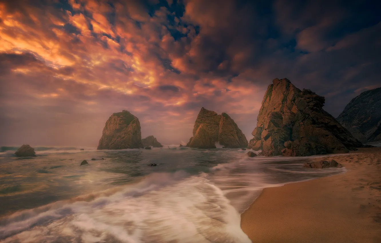 Фото обои закат, океан, скалы, побережье, Португалия, Portugal, Атлантический океан, Atlantic Ocean