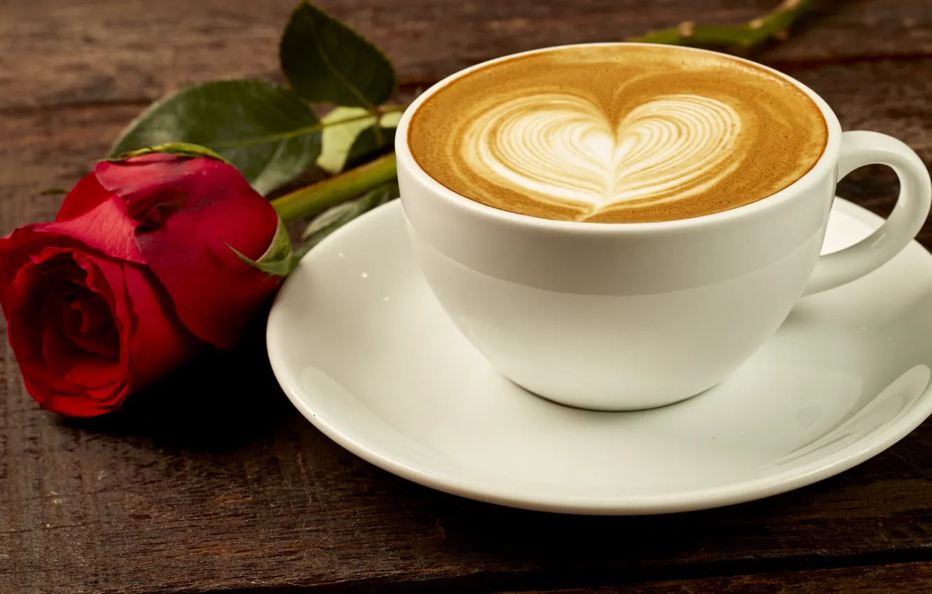 Фото обои любовь, сердце, кофе, розы, бутон, чашка, red, love