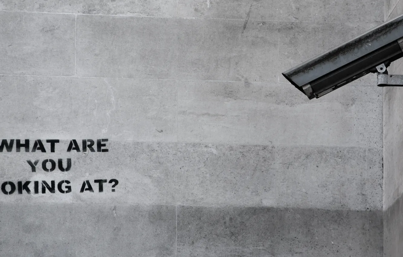Фото обои graffiti, security camera, black paint, rebellion