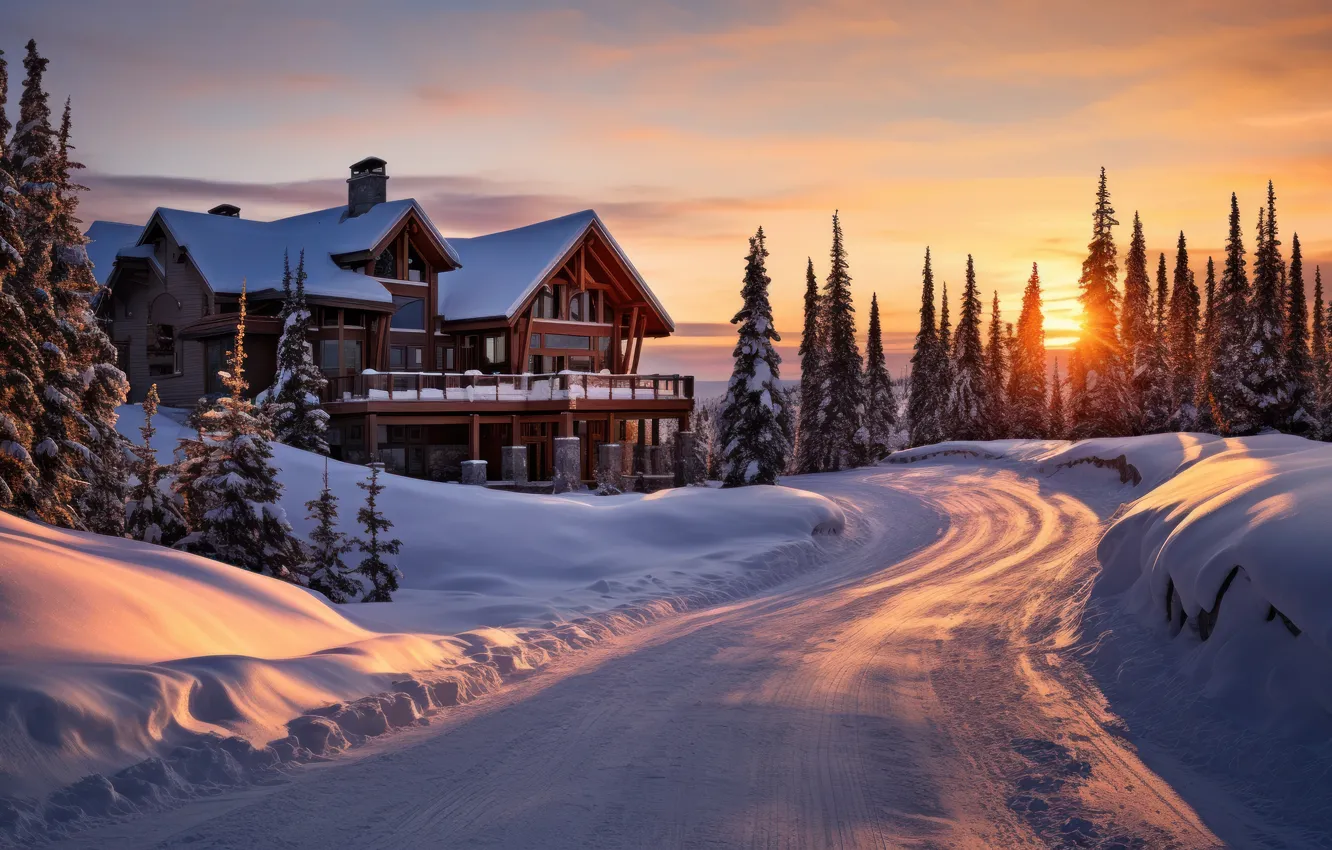 Фото обои зима, дорога, лес, солнце, свет, снег, закат, вечер