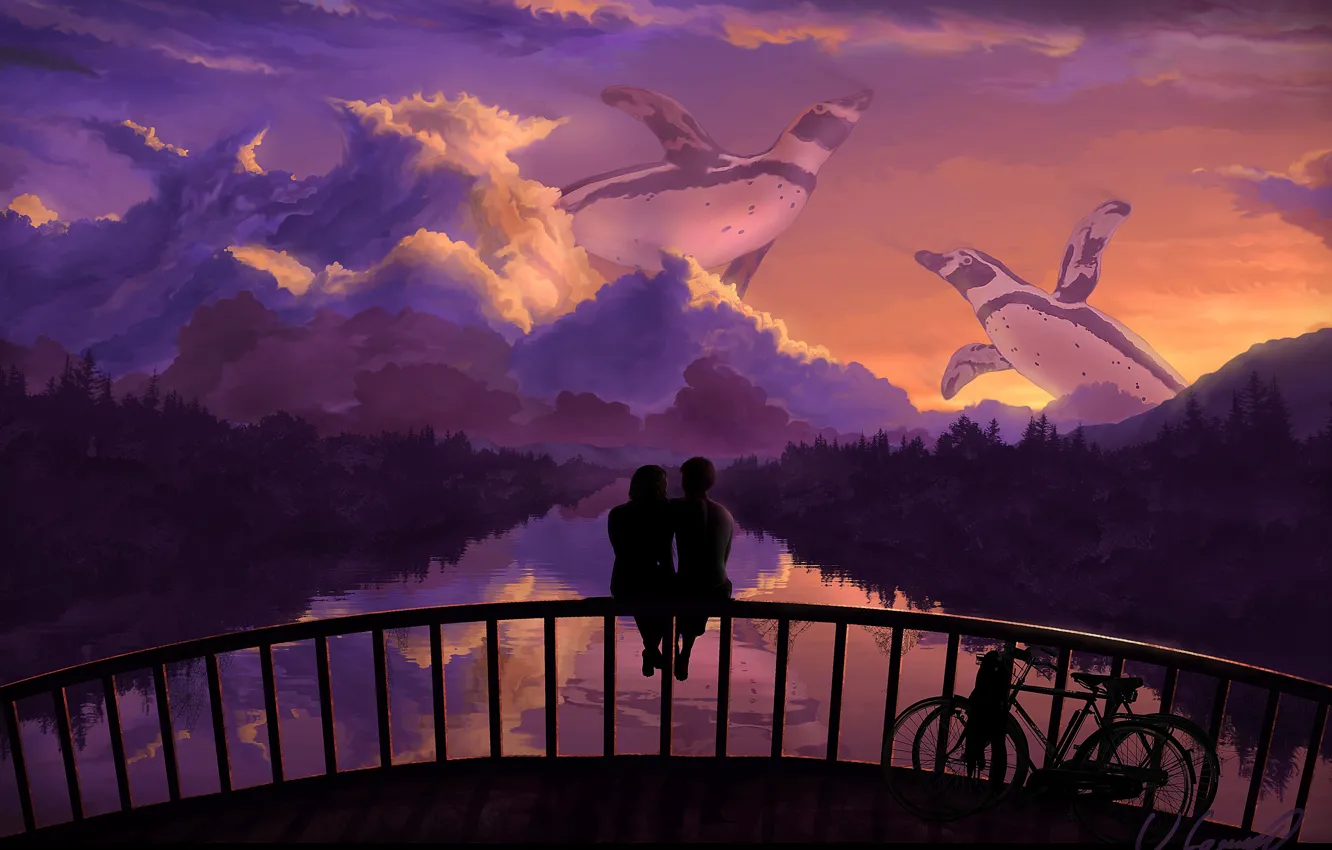 Фото обои небо, деревья, любовь, закат, мост, велосипед, отражение, романтика
