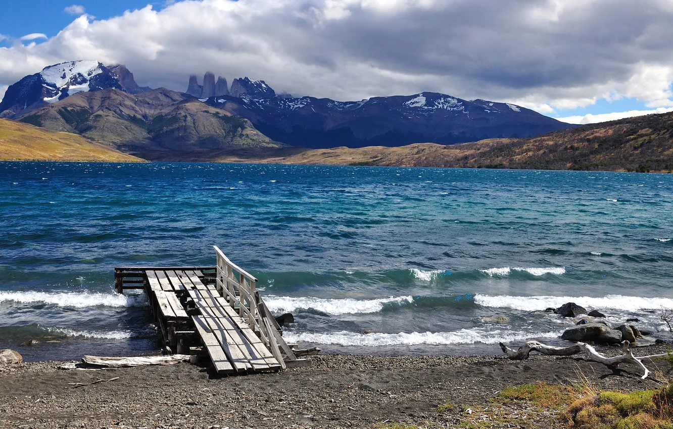 Фото обои облака, горы, озеро, Чили, Patagonia, Lago Azul