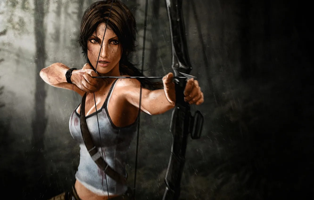 Фото обои лес, дождь, выстрел, лук, Tomb Raider, Lara Croft