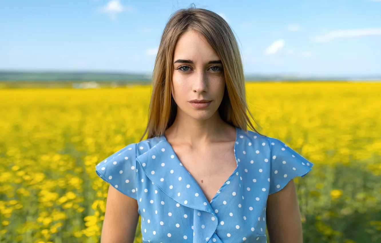Фото обои девушка, милая, модель, Цветы, Поле, Лицо, Обои, День