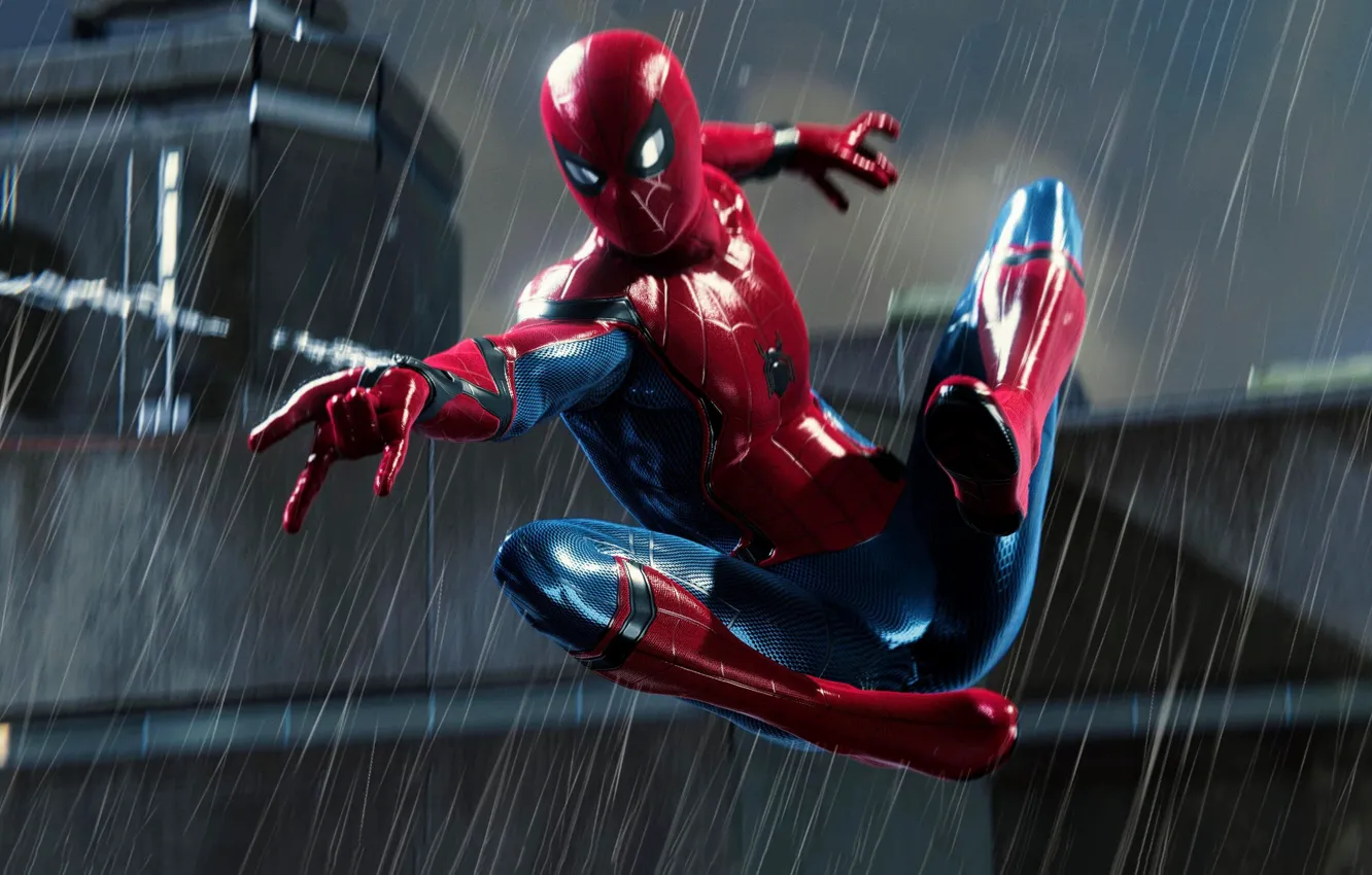 Фото обои Rain, Spider Man, PS4, Playstation 4 Pro, Marvel's Spider-Man