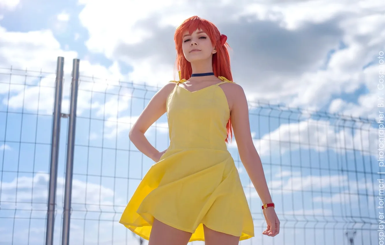 Фото обои dress, Asuka Langley Soryu, women, redhead, cosplay, hands, yellow dress, choker