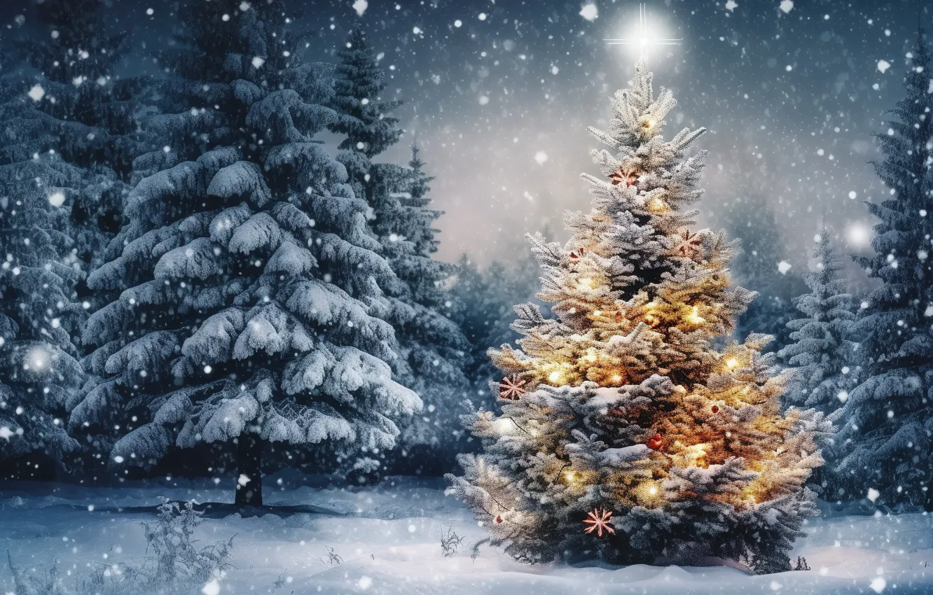 Фото обои зима, лес, снег, украшения, ночь, lights, огни, елка