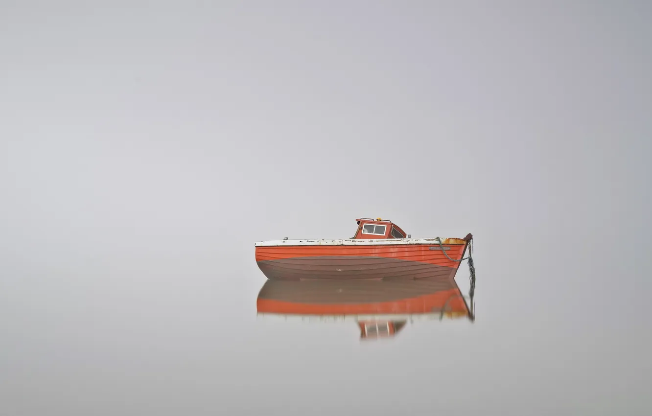 Фото обои пейзаж, туман, озеро, лодка
