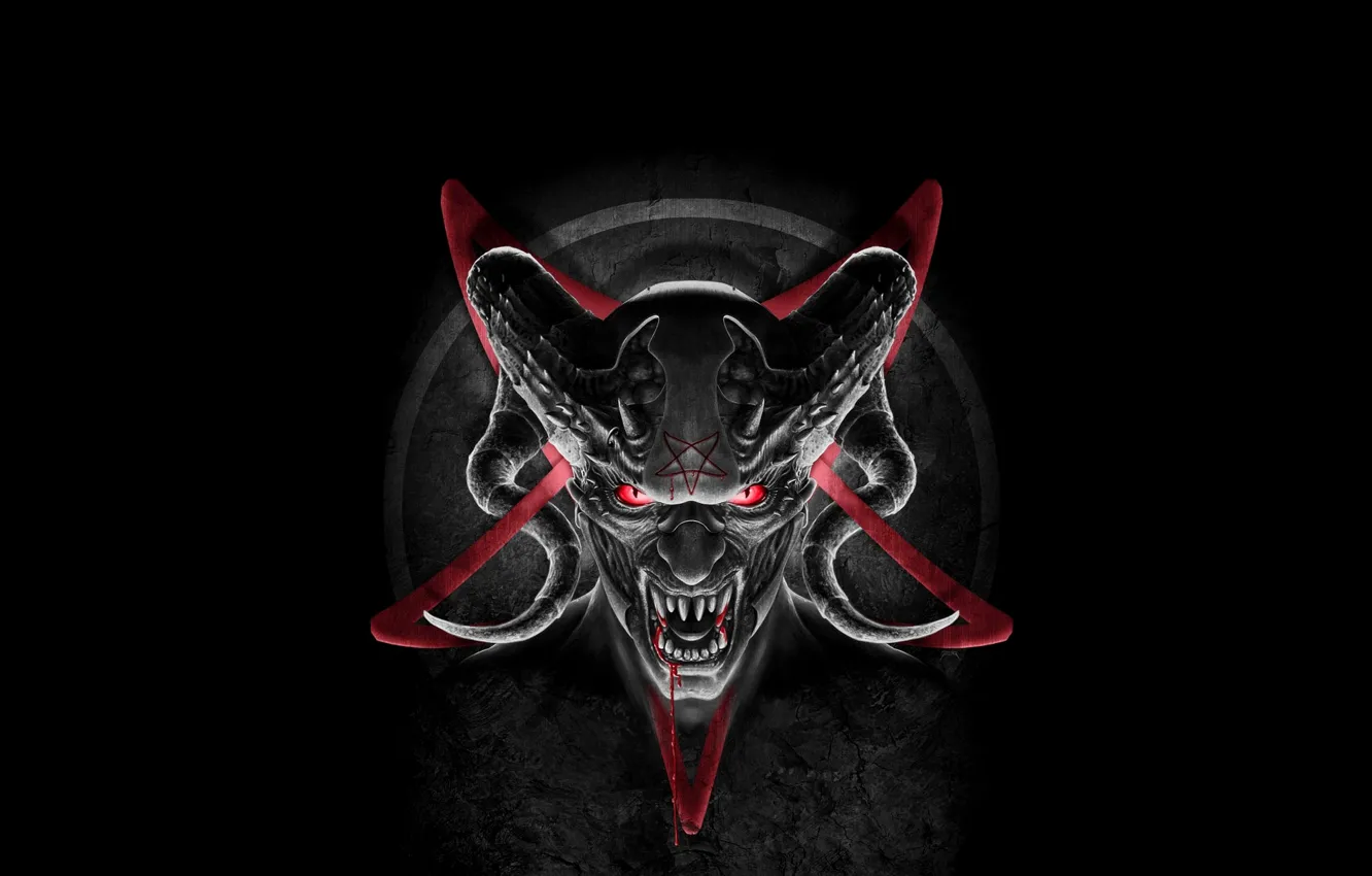 Фото обои кровь, звезда, демон, клыки, рога, дьявол, сатана, пентограма