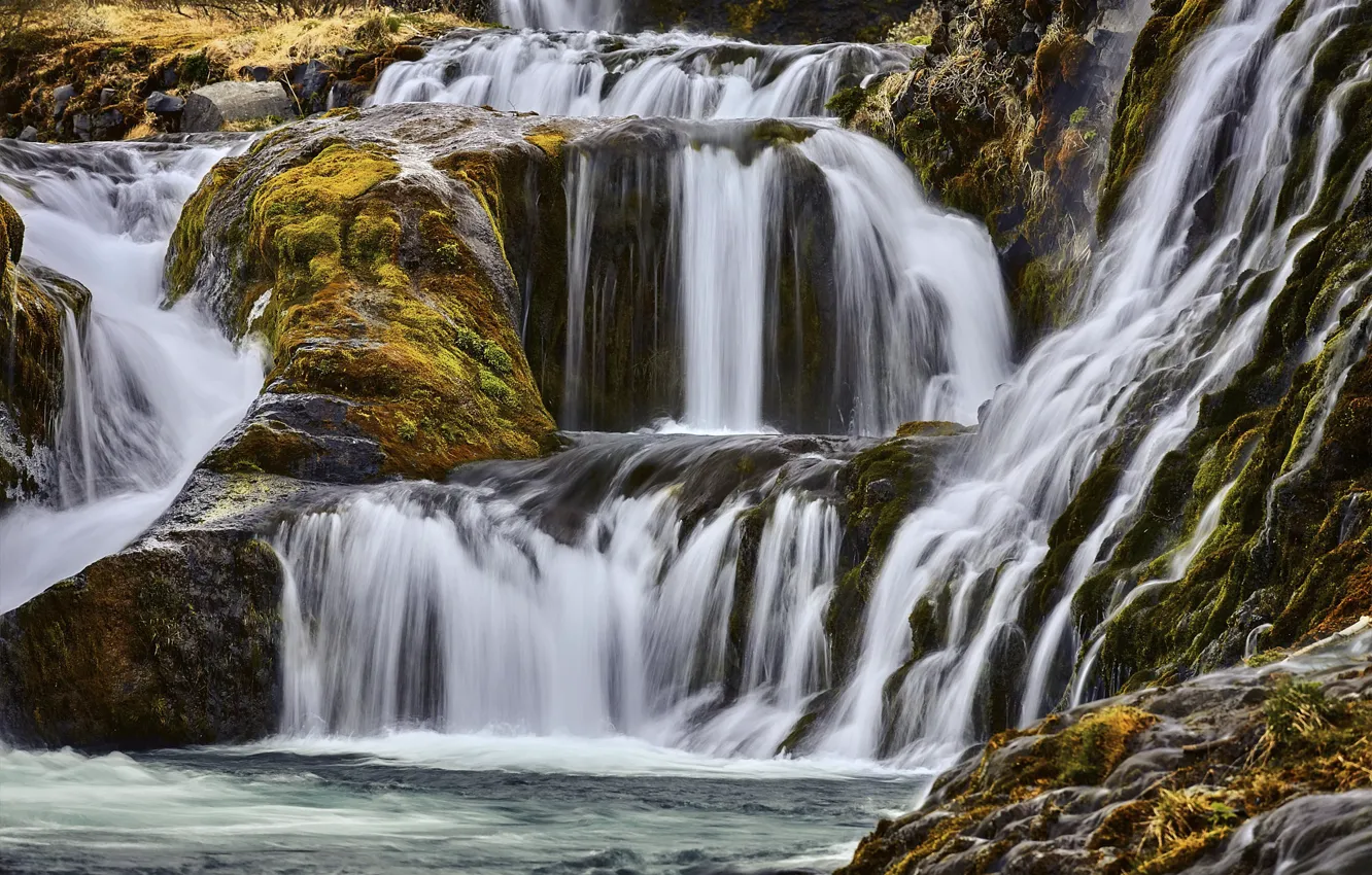 Фото обои скалы, водопад, Исландия, Гьяйн