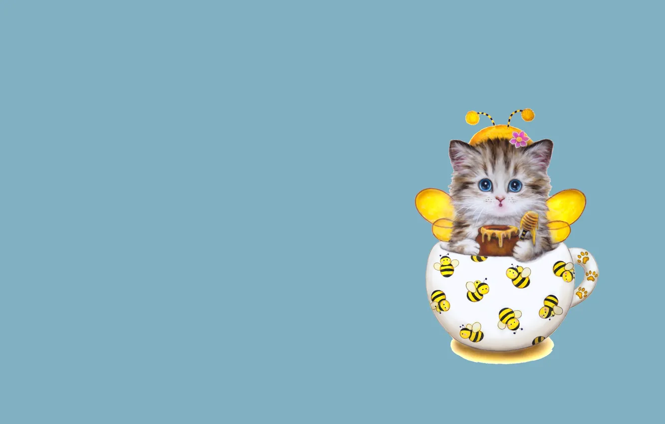 Фото обои арт, кружка, пчёлка, мёд, котёнок, усики, детская, костюмчик