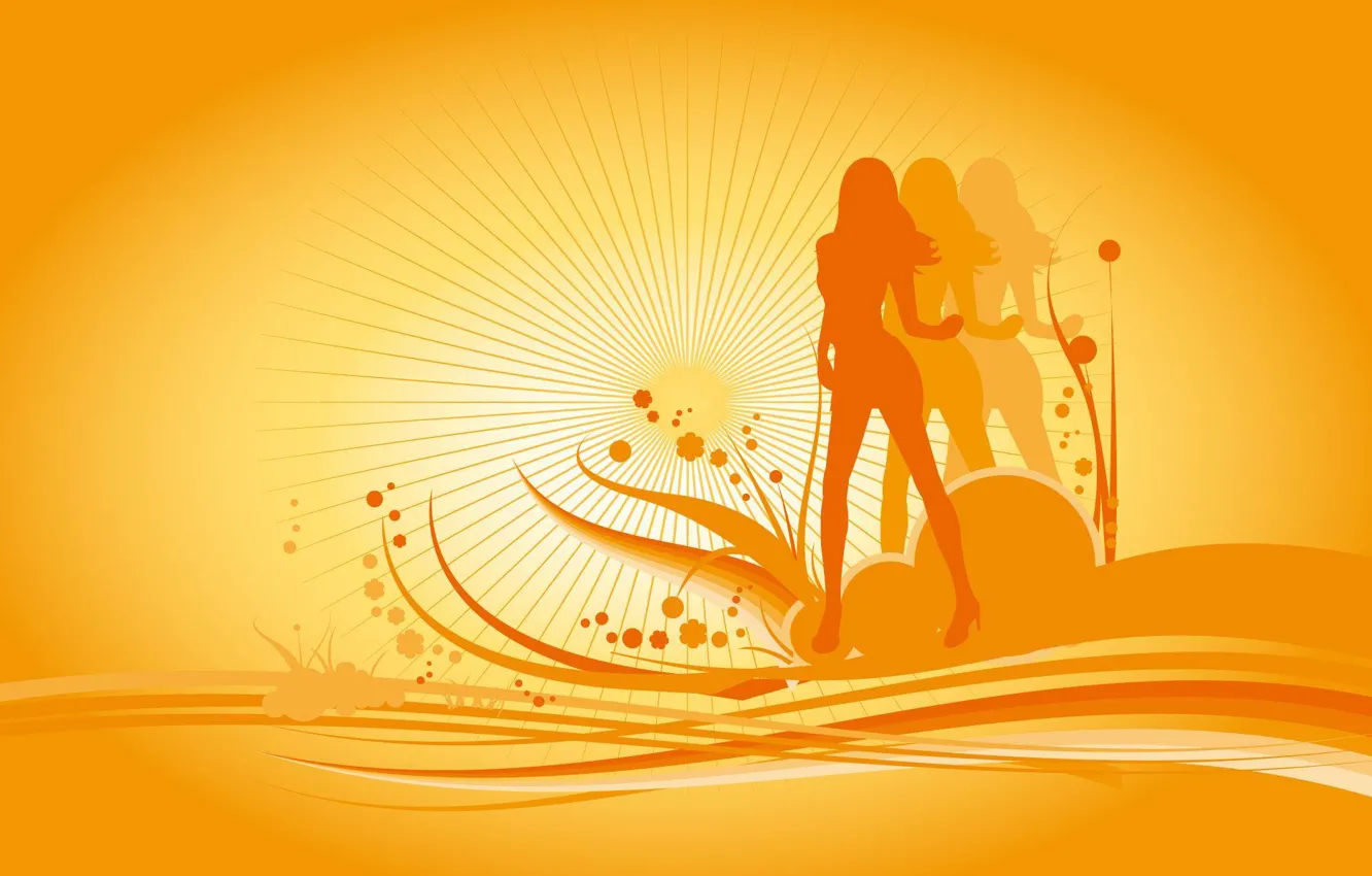 Фото обои девушка, солнце, оранжевый, вектор, силуэт