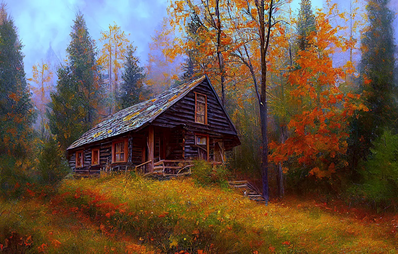 Фото обои осень, лес, деревья, уют, рисунок, графика, красота, картина
