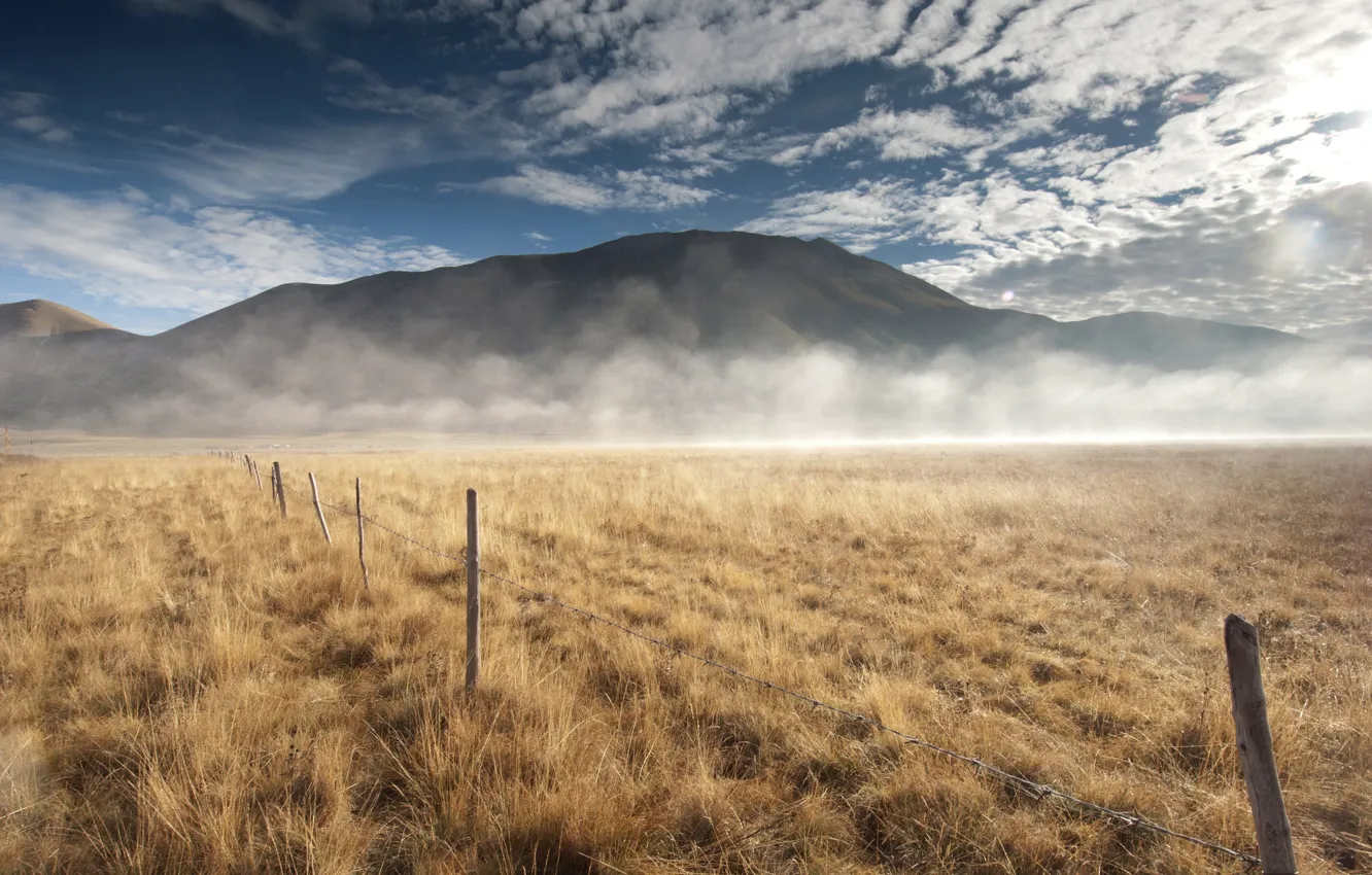 Фото обои поле, туман, забор