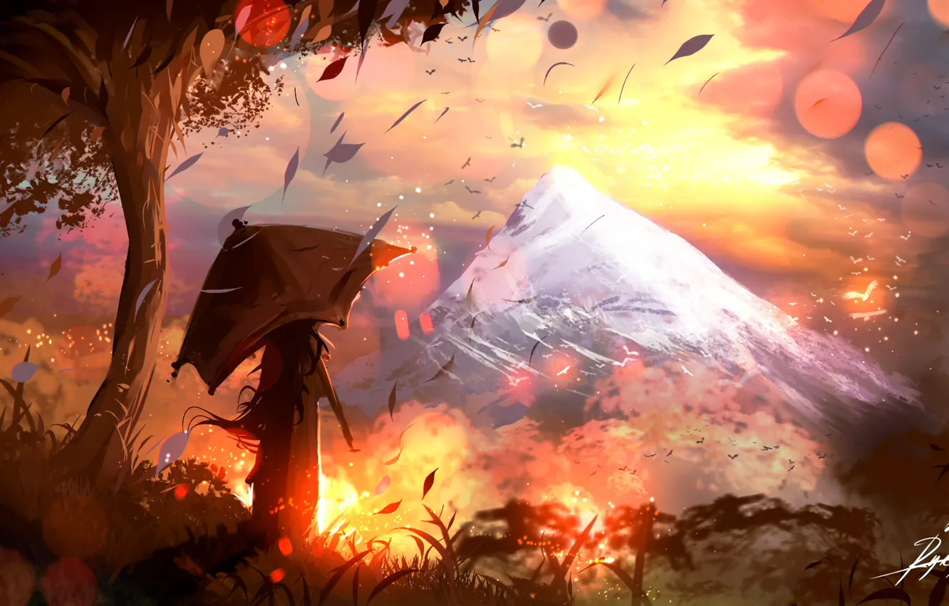 Фото обои girl, fantasy, trees, landscape, sunset, umbrella, mountains, leaves