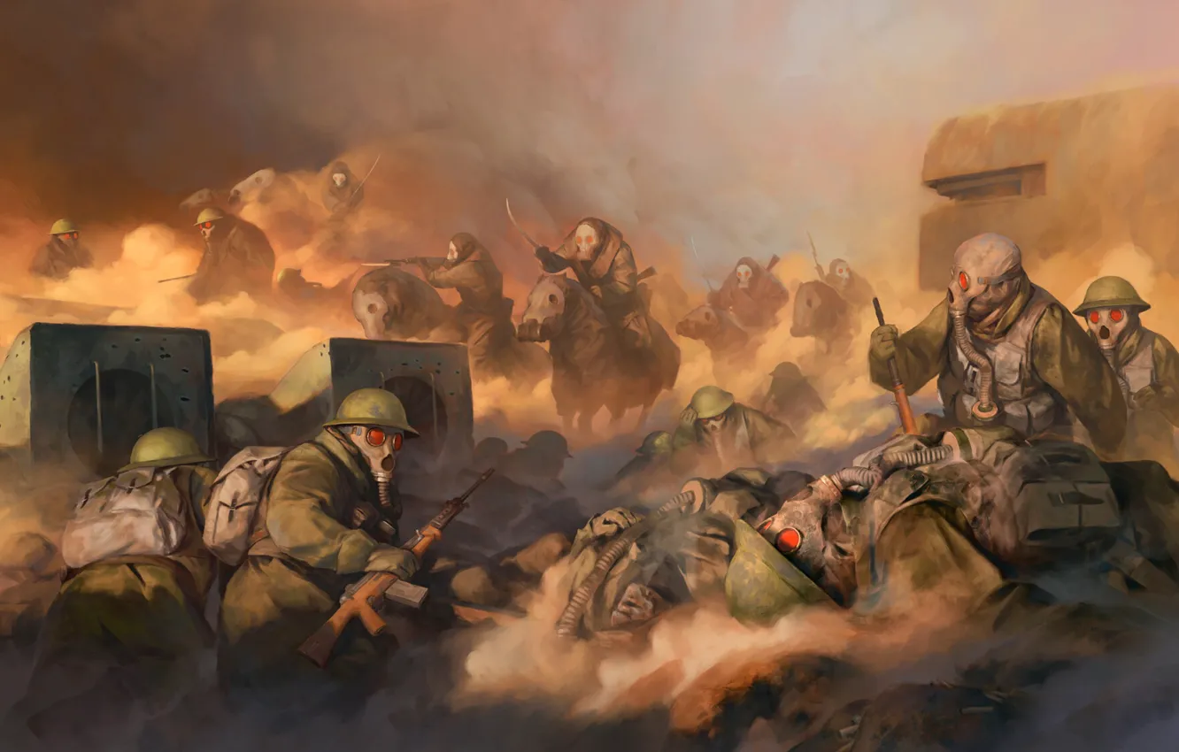 Фото обои война, укрепления, противогазы, кавалерия, газовая атака, Stepan Alekseev