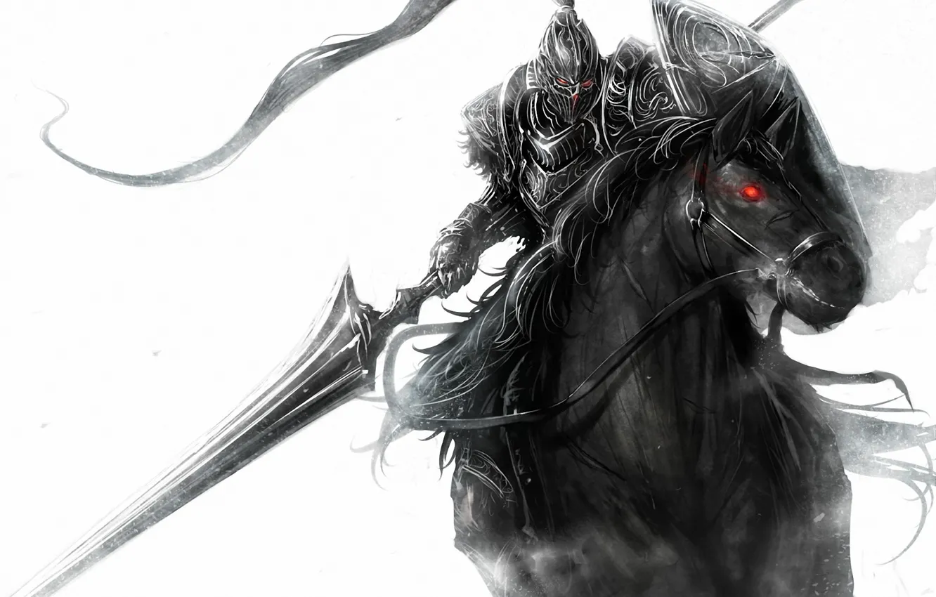Фото обои оружие, конь, рисунок, всадник, красный глаз, монохромный