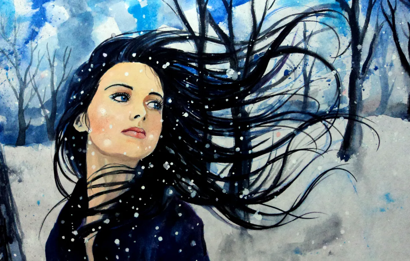 Фото обои зима, небо, взгляд, девушка, снег, деревья, лицо, ветер