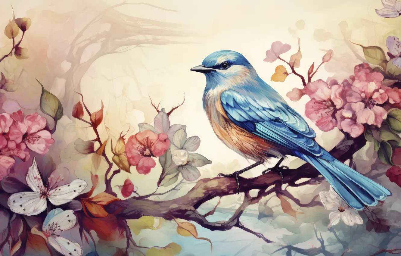 Фото обои цветы, птица, ветка, акварель, живопись, цветение, имитация акварели, ИИ-арт