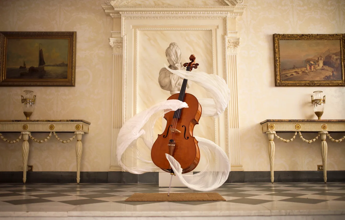 Фото обои music, spirit, cello, bright, scarf, statue, surreal, instrument