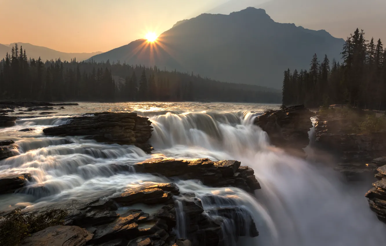 Фото обои солнце, горы, водопад