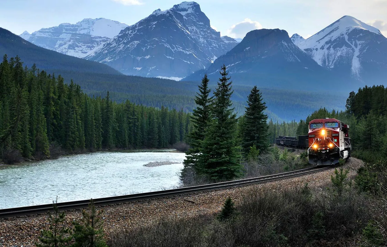 Фото обои горы, поезд, Канада, Альберта, Национальный парк, Банф