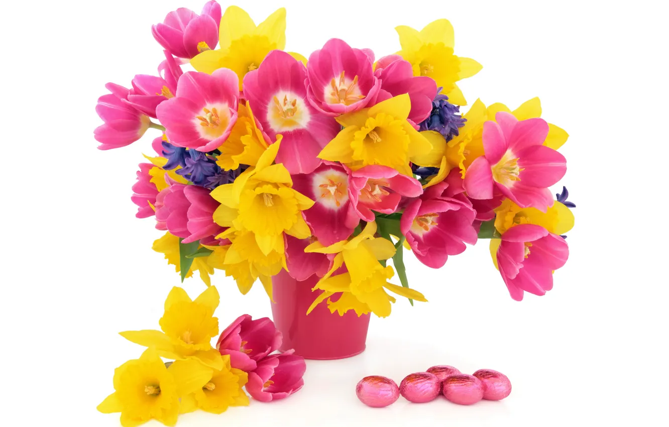 Фото обои цветы, корзина, тюльпаны, flowers, tulips, нарциссы, spring, eggs