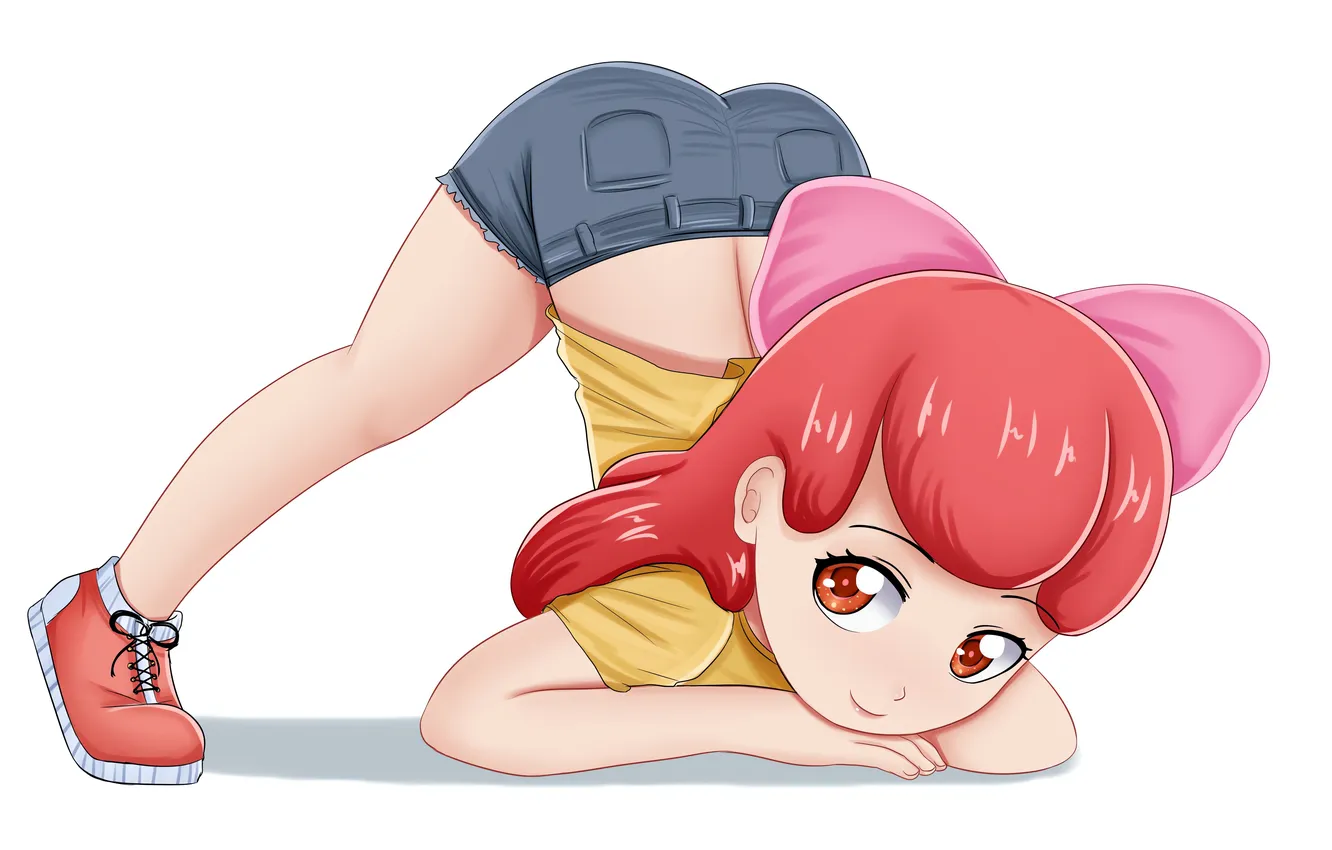 Фото обои girl, shorts, red hair, long hair, legs, anime, beautiful, pretty