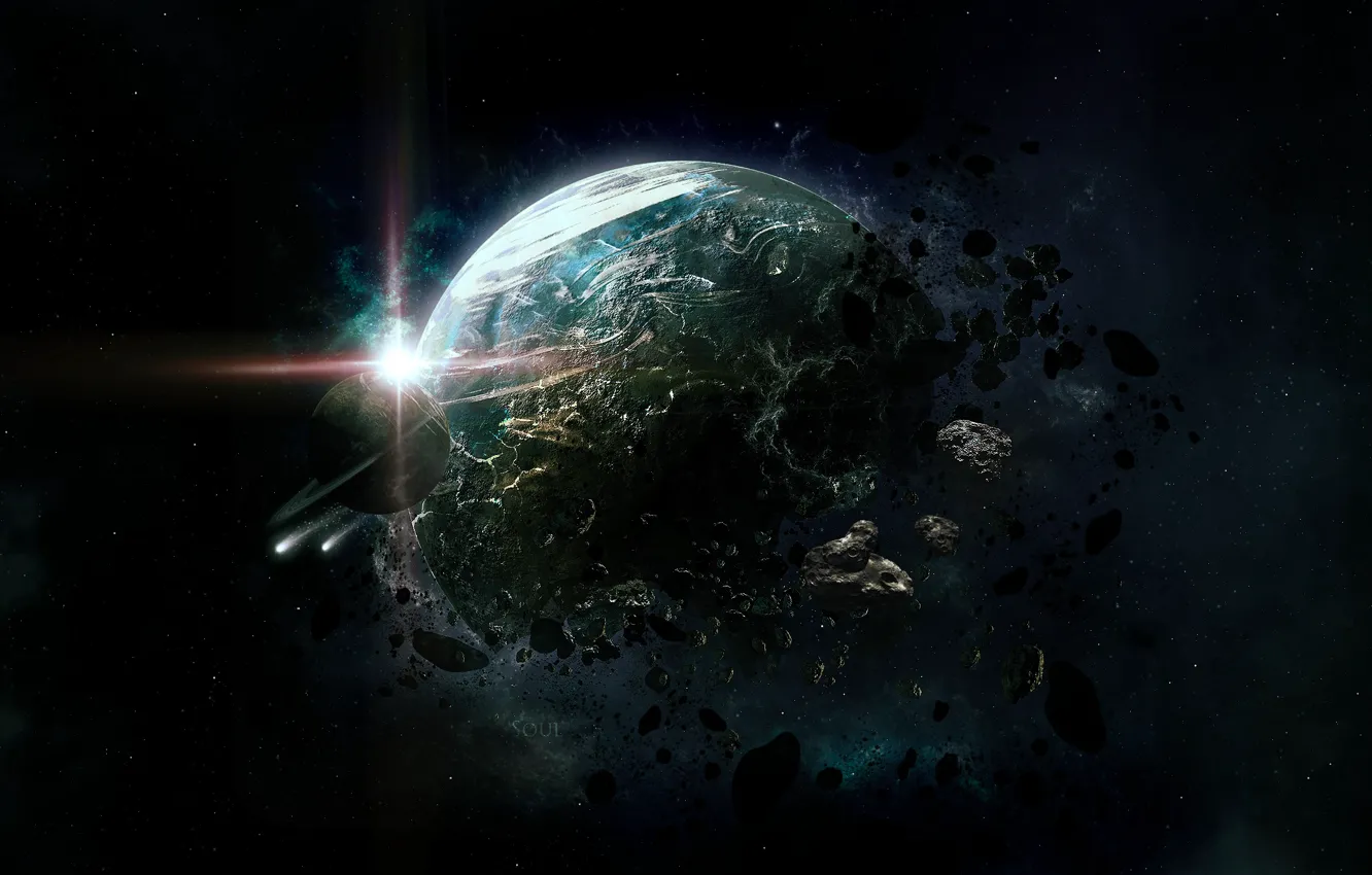Фото обои обломки, космос, звезда, планета, кольца, астероиды, арт, разрушение