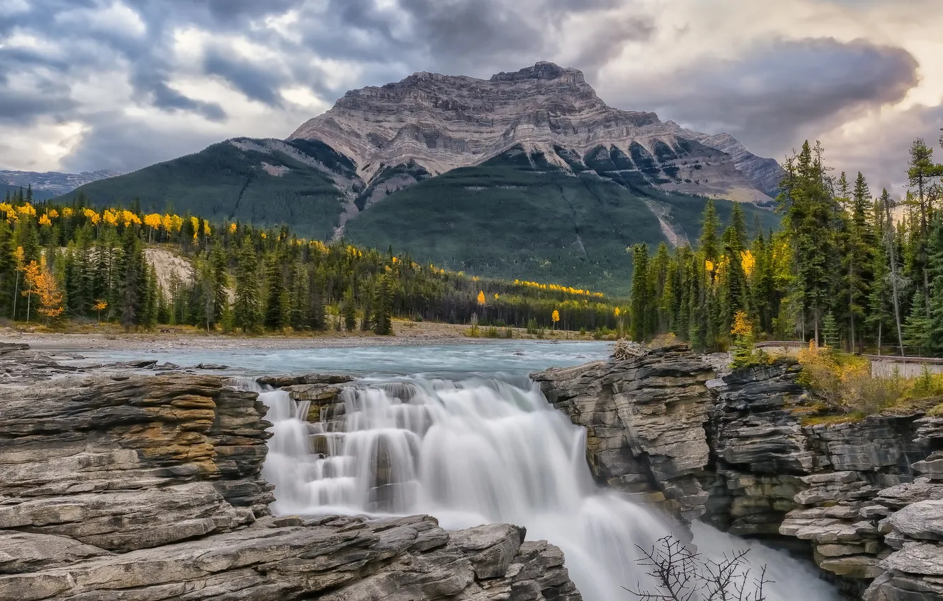 Фото обои река, скалы, гора, водопад, Канада, Альберта, Jasper, Атабаска