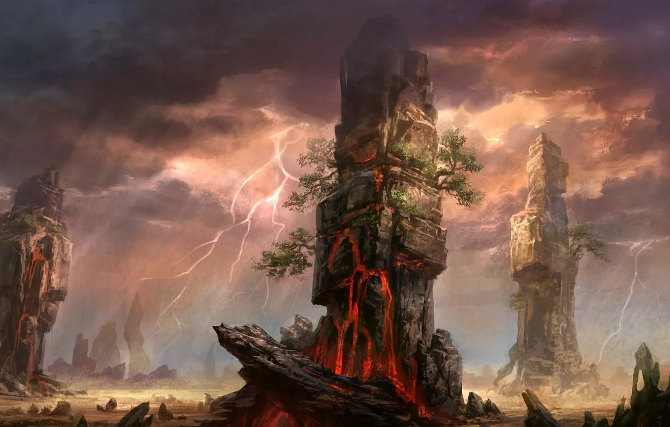 Фото обои деревья, пейзаж, скалы, молнии, лава, колонны