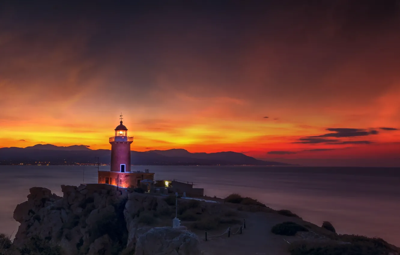 Фото обои море, пейзаж, закат, природа, скалы, маяк, вечер, Греция