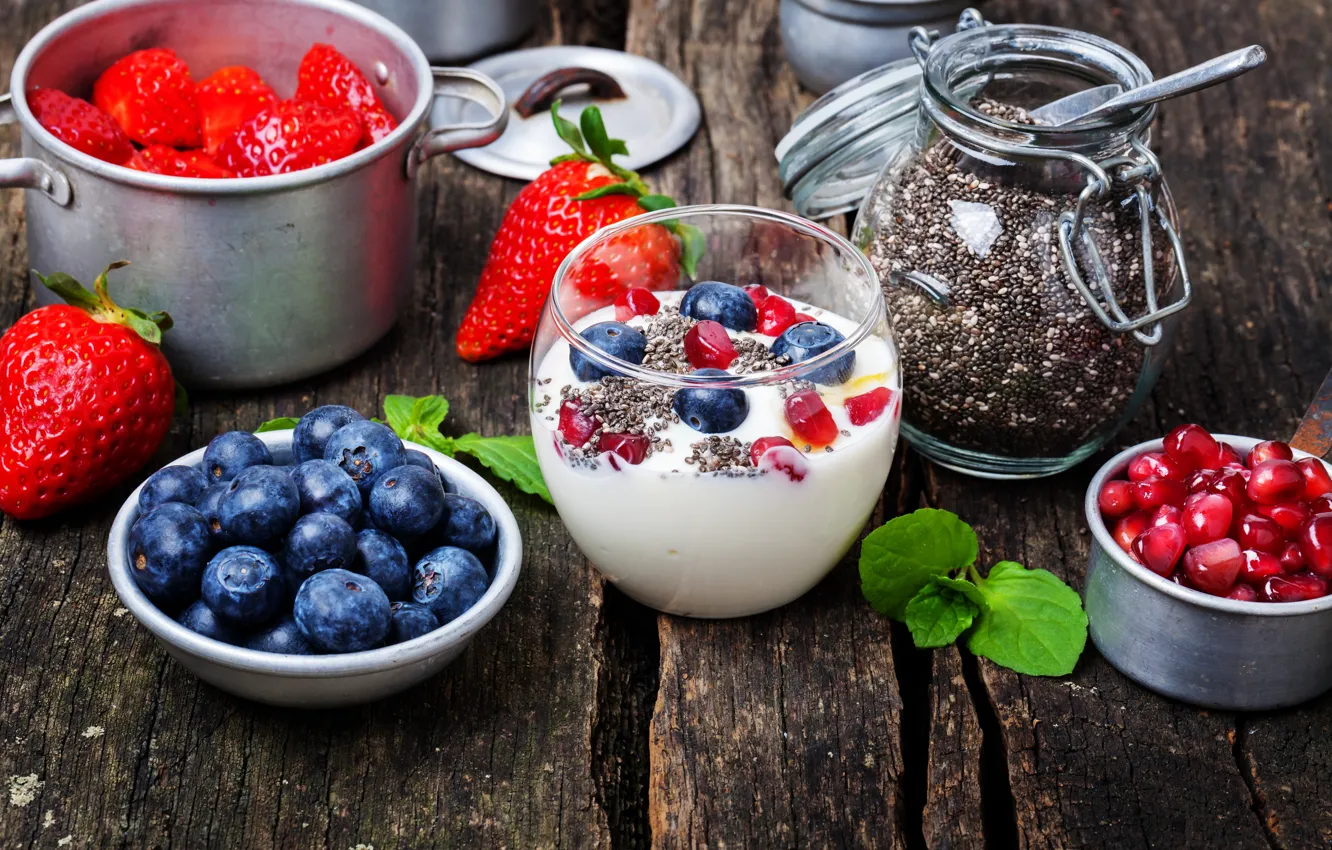 Фото обои ягоды, завтрак, черника, клубника, гранат, йогурт