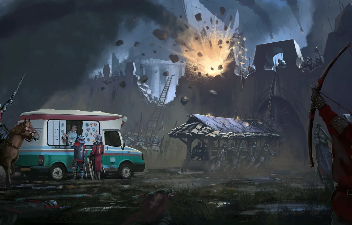 Фото обои взрыв, крепость, автомобиль, осада, Ice Cream Break