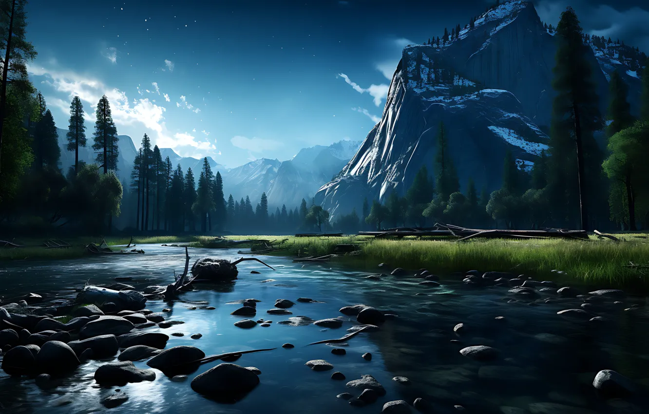 Фото обои небо, трава, пейзаж, горы, ночь, природа, туман, озеро