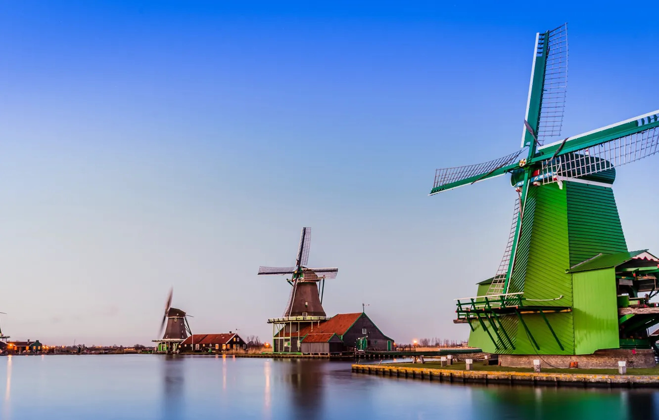 Фото обои lights, house, twilight, landscape, sunset, water, windmill, Netherlands
