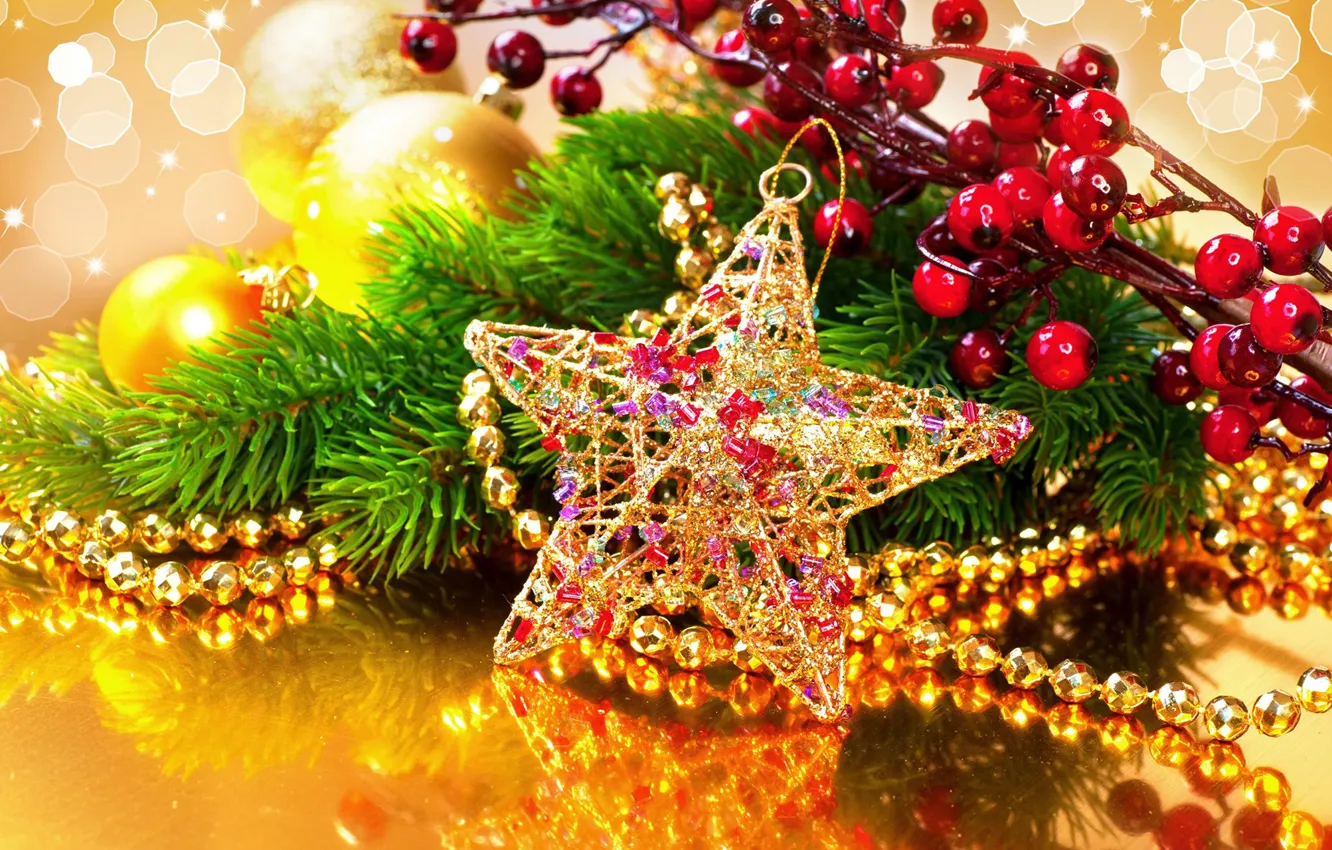 Фото обои звезда, елка, Новый год, бусы, New Year, декор