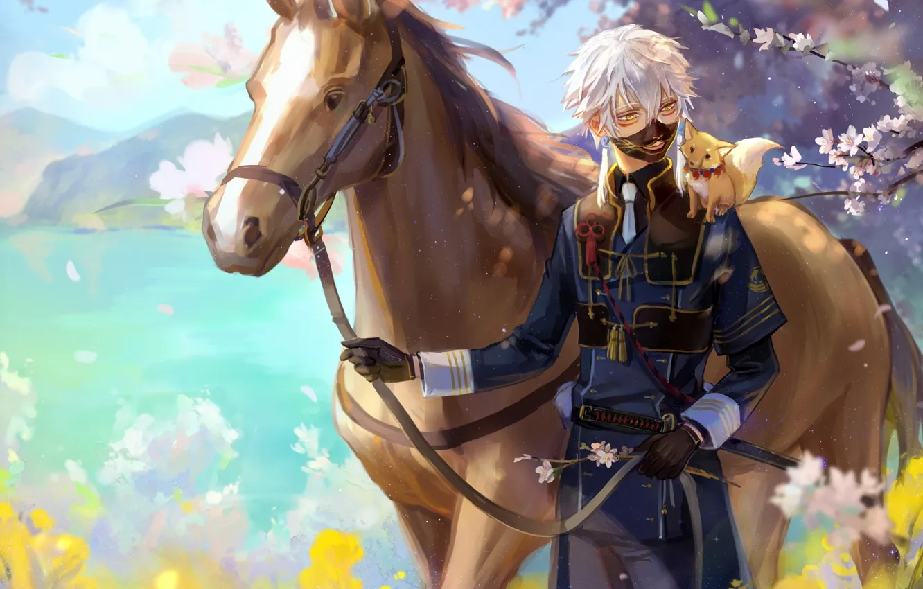 Фото обои лошадь, весна, аниме, маска, арт, лиса, парень, Touken Ranbu