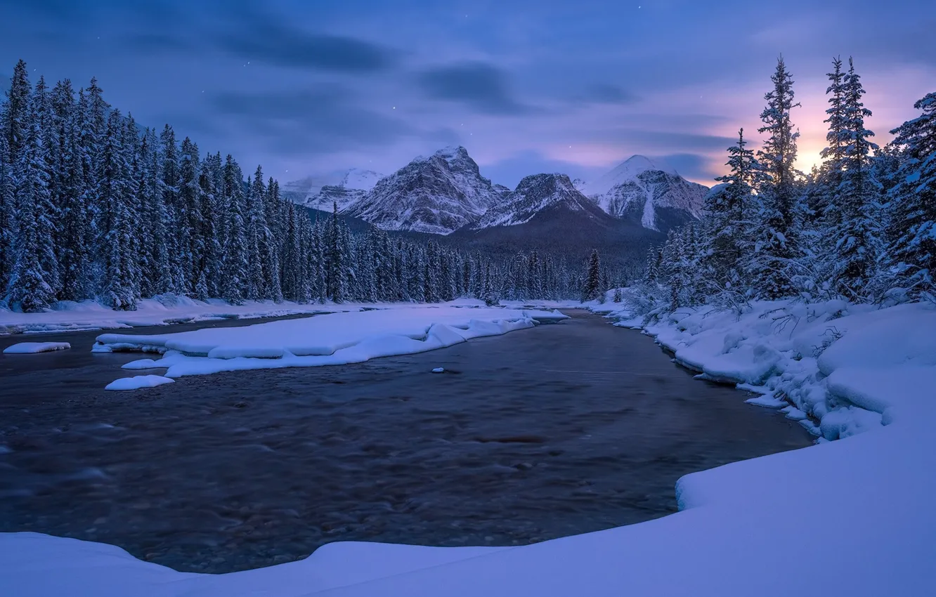Фото обои зима, снег, пейзаж, горы, ночь, природа, река, красота