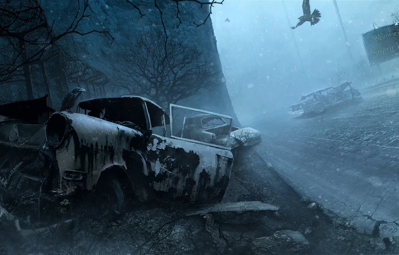 Фото обои зима, снег, машины, птицы, ночь, Silent Hill, Welcome to Silent Hill