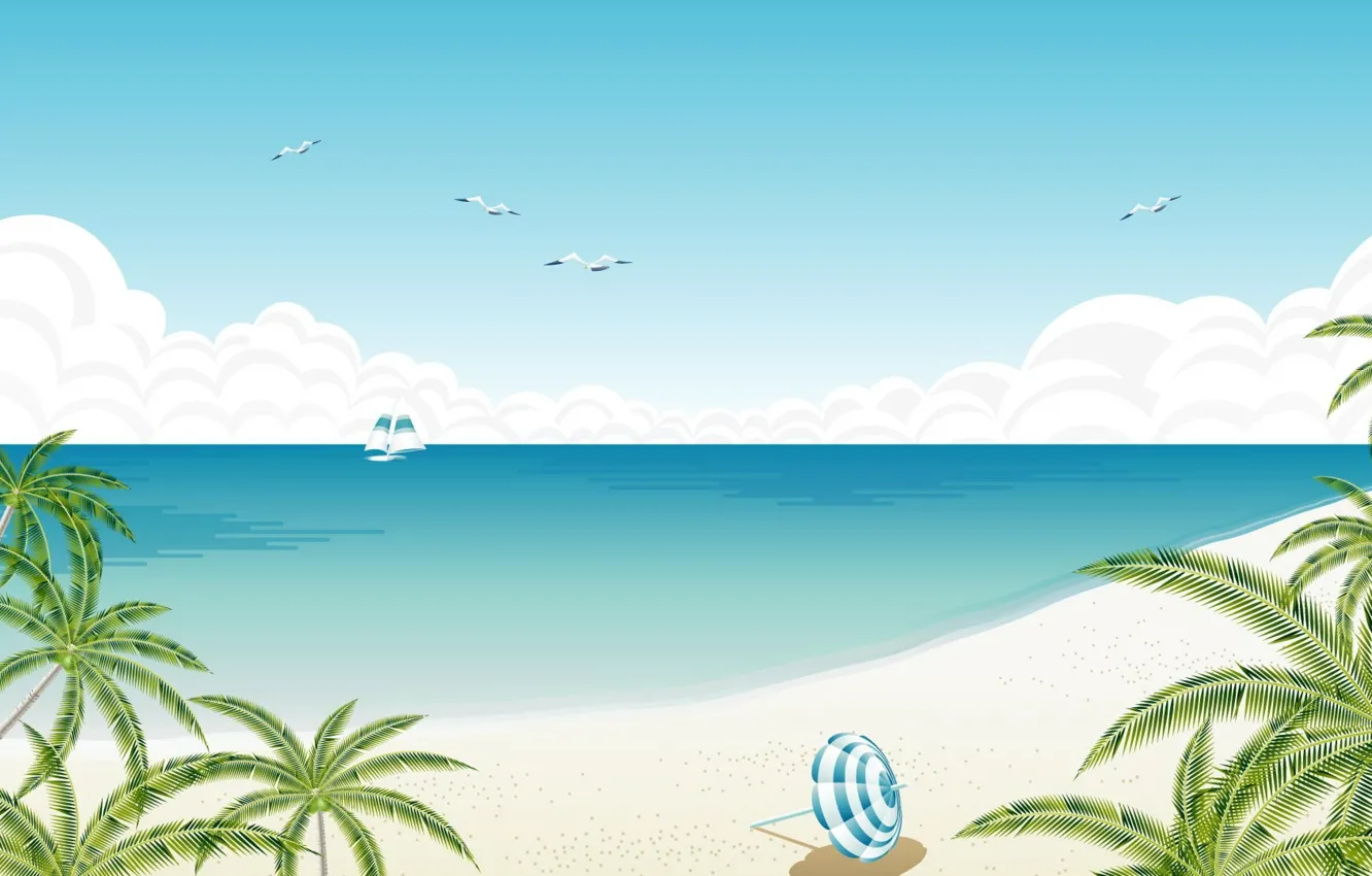Фото обои vector, beach, coast, umbrella, yacht, palm