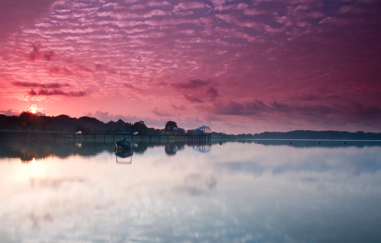 Фото обои небо, вода, розовое, ллодка