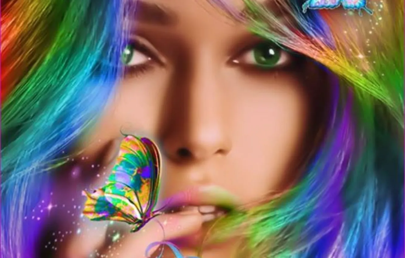 Фото обои girl, beautiful, hair, butterflies, colorful women